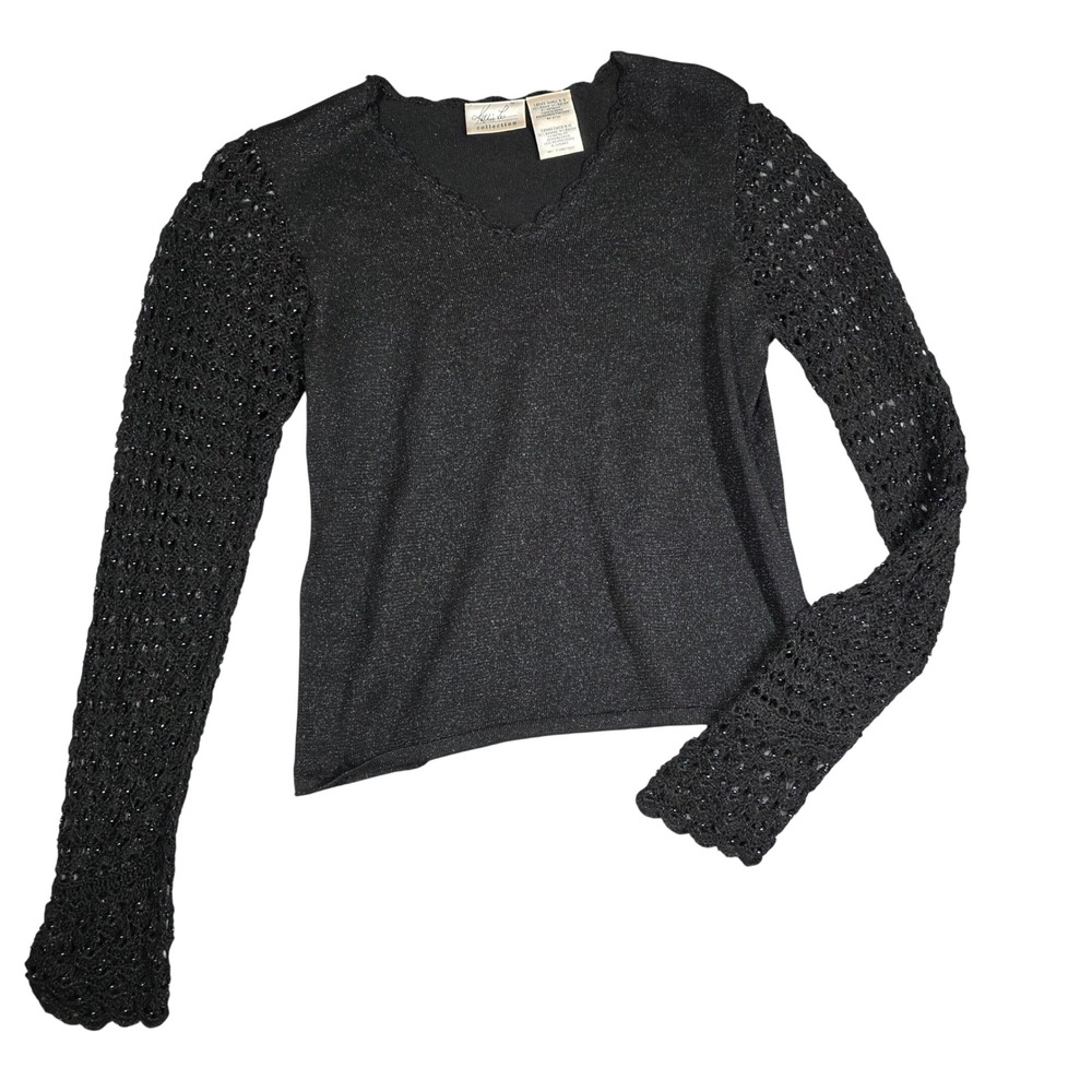 Vintage Crochet Sweater Knit Black Metallic Beaded Small Y2K Whimsigoth 90s Glam